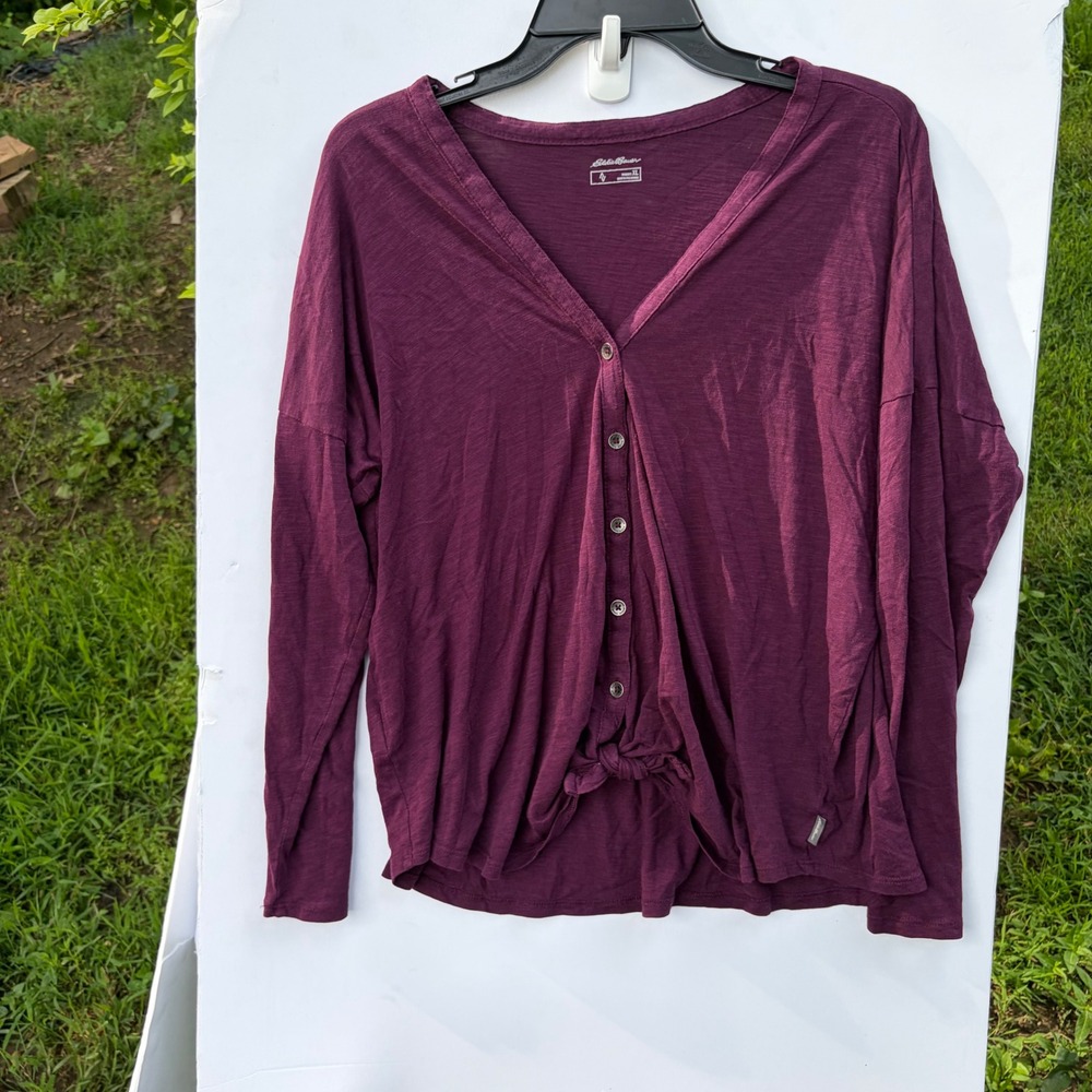 Eddie Bauer Womens XL Plum Purple Slub Knit Button Tie Front Long Sleeve Top